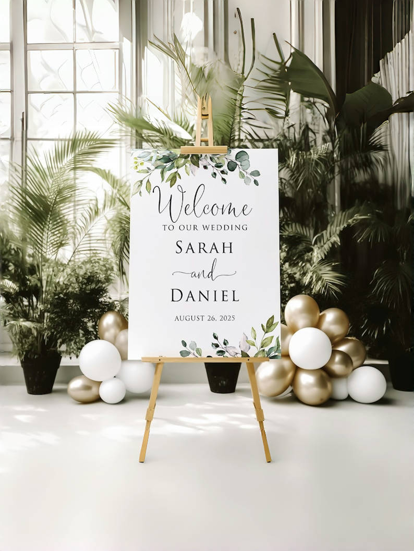 Wedding Welcome Sign Green Leaf Decoration.